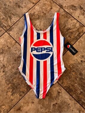 NWT Pepsi retro red, white, and blue striped one-piece swimsuit size large